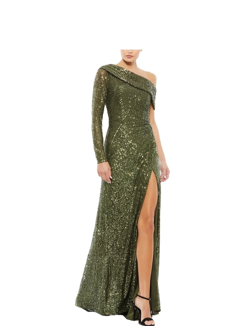 Mac Duggal One-Shoulder Olive Sequin Evening Gown with Thigh Slit